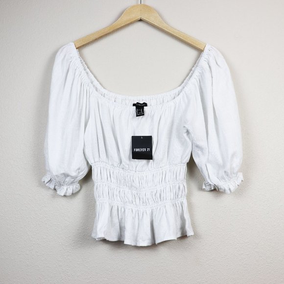 Forever 21 Tops - NEW Forever 21 Flax Linen Blend Off the Shoulder Peasant Ruffle Crop Top M
